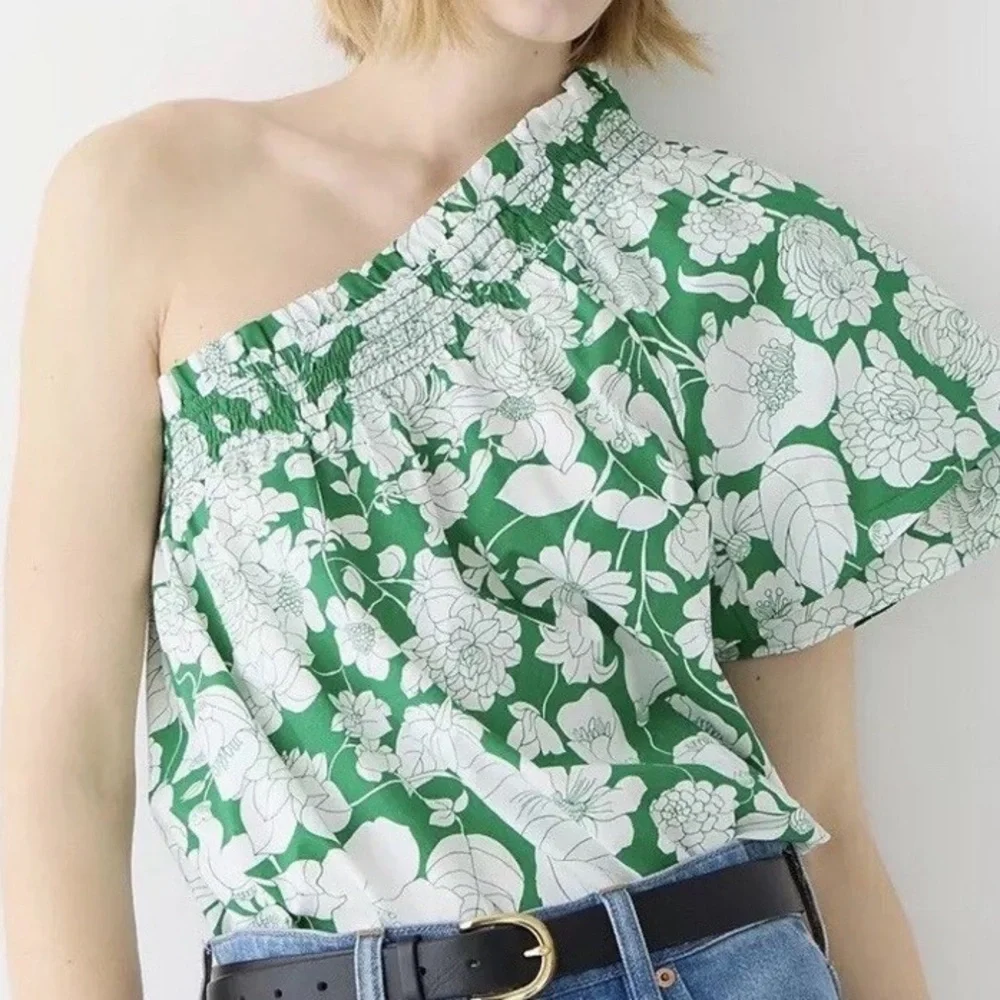 J. Crew Smocked One-Shoulder Cotton Top in Kelly Green - Sz. Medium - BNWT